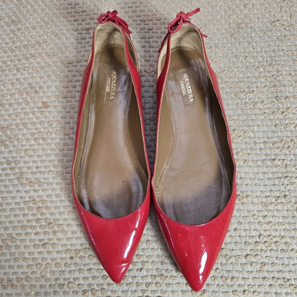 Aquazzura Forever Marilyn Tassel Flats Red Patent Leather Size 38 (8) Made Italy